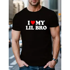 I Love Heart My Lil Bro |   Little Brother T-Shirt For Women And Men, Black Vacation Crew Neck Short Sleeve Classic Fit, Holiday Tee, Summer Tee, Breathable, Sweat-Wicking, Soft, Suitable For Daily Commutes, Loungewear, Casual Wear