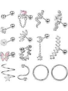 16G Cartilage Earring for Women Men - Stainless Steel Hoop with Butterfly CZ Dangle - Daith, Tragus, Couch, Helix Piercing Jewelry