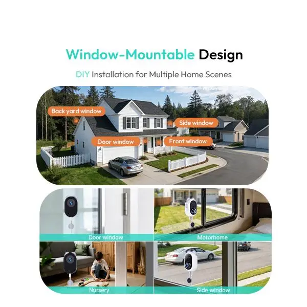 BOTSLAB 4MP Dual-Lens Wireless Indoor Window Camera - No-Drill Smart Gadget, 2560 x 1440 TrueColor Night Vision, Anti-Glare, AI Detect, 24/7 Recording, App Alerts, 5GHz-2.4GHz Wi-Fi, Easy Install, Door Glass Fit, Security Systems, Window Cameras For Home