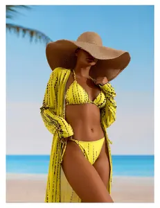 Yellow Triangle Bikini Set - Sheer Cover Up Beach Swimsuit for Women; Sunny Floral Print Two Piece Bathing Suit; Cute Summer Vacation Swimwear; Adjustable Straps; Quick Dry