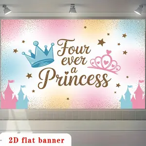 2D Flat, [party Backdrop] 2D Flat Banner, 1pc Four Ever a Princess Blue Pink Crowns Castles Polyester Backdrop, for Party Decor Farm, Garden, Home, Room, Club, No Electricity, This Is a Wonderful Gift for