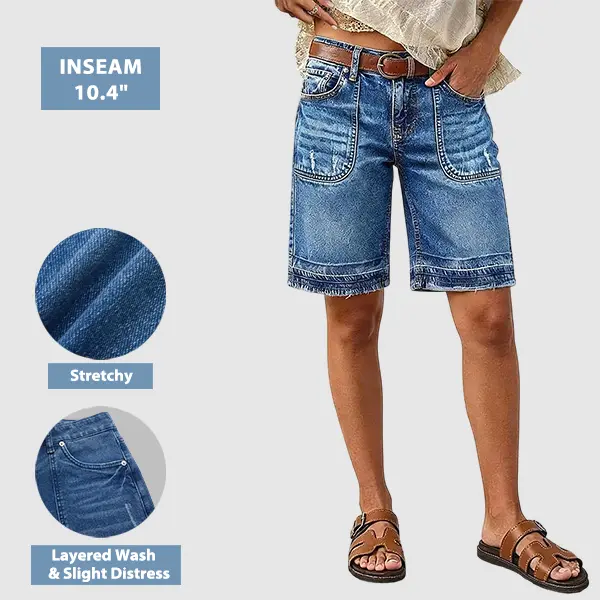 Flamingals Wash Ripped Mid Waist Denim Bermuda Shorts Without Belt Womenswear Stretchy 10.4" Inseam