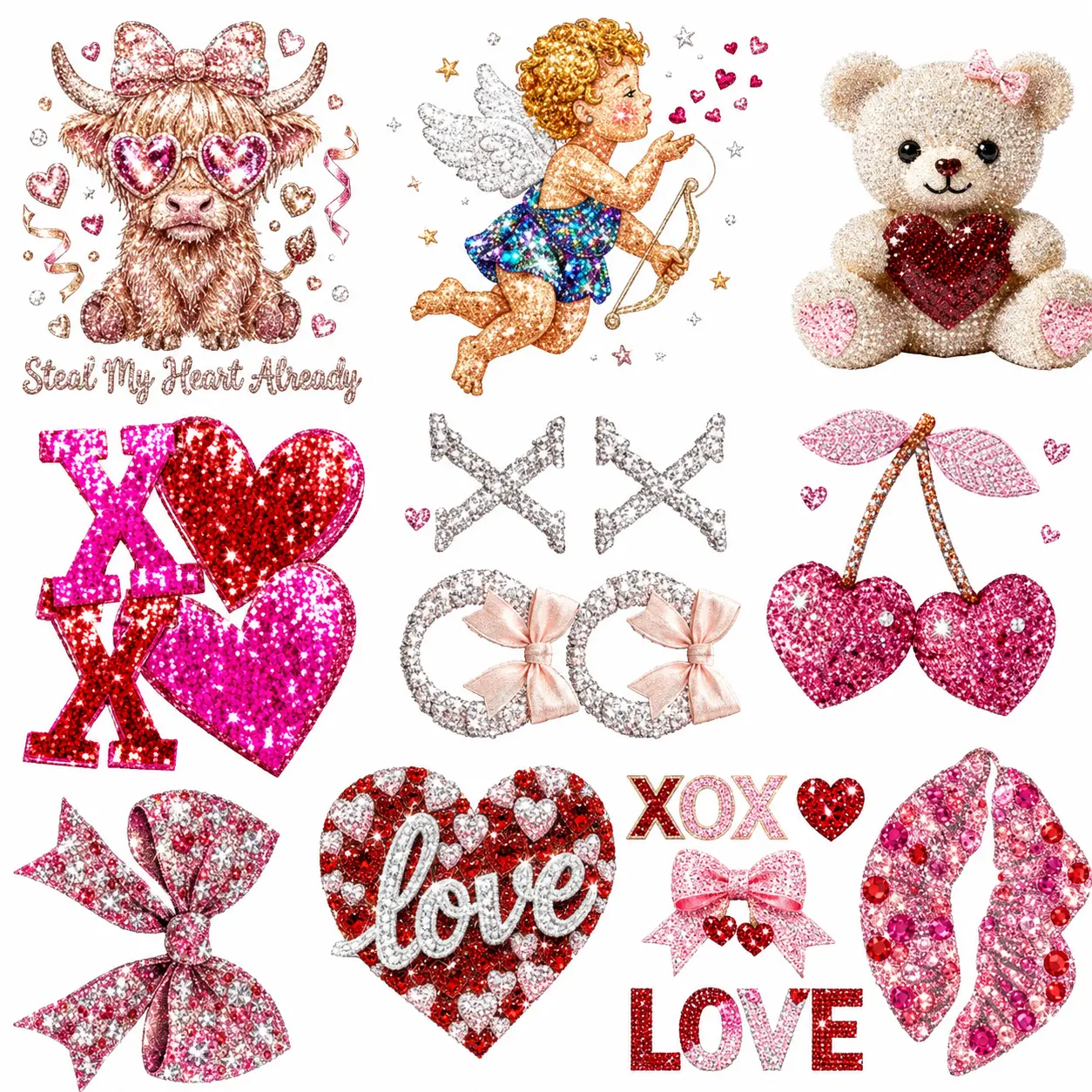 Bling Heart Valentine's Day DTF Heat Transfer Gangsheet, Unisex Easy-to-Apply Craft Supplies for DIY Decorations, Craft Embellishments
