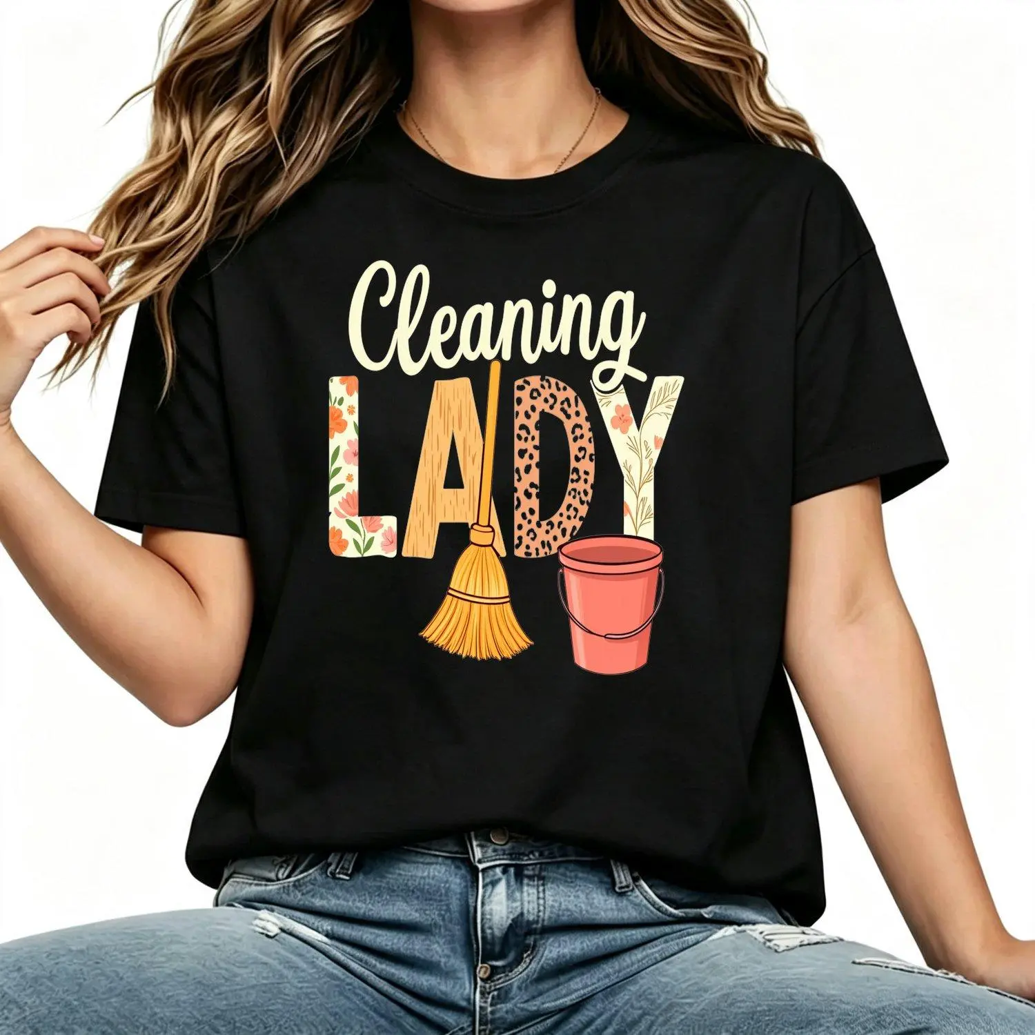 Black Printed Women's T Shirts for Plus Size Sizes 0XL Ideal for Cleaning Enthusiasts and Housekeeping Services Loose Fit Short Sleeve Crew Neck Casual Tops Perfect for Daily Use and Out2Retro Casual Short Sleeved with a Round Neck and Printed Pattern