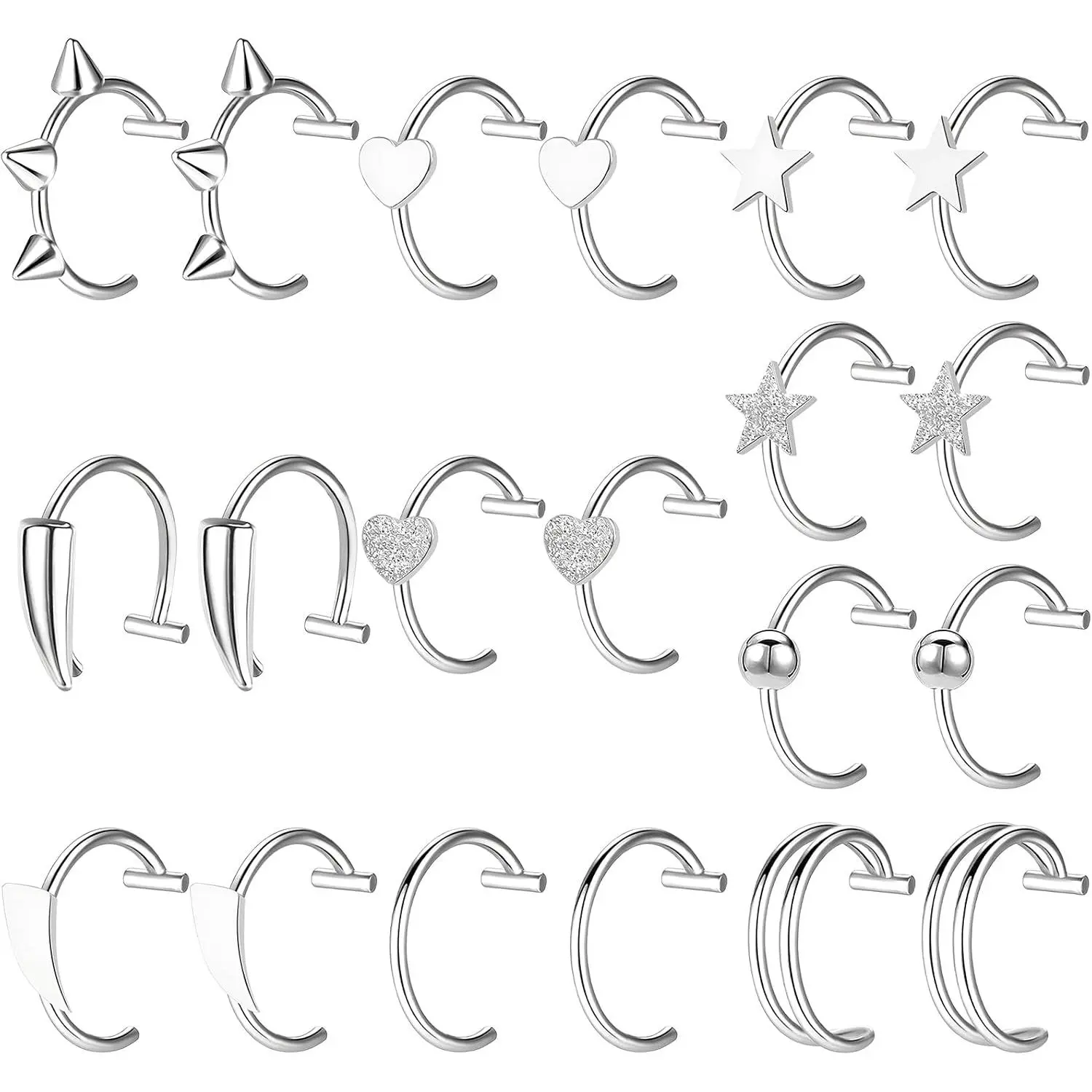 Unisex Names 20-Piece Fake Piercing Jewelry Set - Hypoallergenic Surgical Steel Lip Cuffs, Vampire Teeth Rings, Faux Nose Hoops - Nickel-Free Clip-On, Mini Sizes, Simple Styles - Better Fit for Family, Friends (Birthday Gift Scenario)