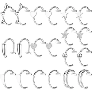 NEWITIN 20 Pieces Fake Lip Rings Surgical Steel Fake Lip Piercing Vampire Teeth Ring Lips Cuff Ear Cuff Earrings Faux Septum Nose Piercing Jewelry for Women Men