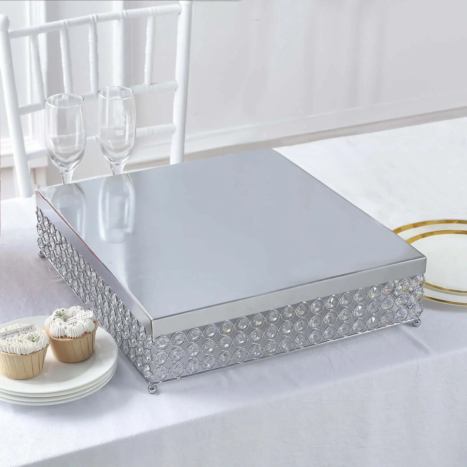 16" Silver Square Shape Metal Cake Stand with Crystal Beads - Dessert Pedestal for Weddings, Parties, Birthday Celebrations | Home & Festive Decorations Supplies, Table Decor
