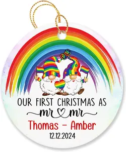 Personalized Our First Christmas As Mr & Mr Ornament Custom Name Date, Couple Gnomes Gay Pride LGBT Christmas Tree Rainbow Ornaments, Mr and Mr Couple LGBT Ornament 2024 for Engaged, Our First Christmas as Mr & Mr #2 Ornament