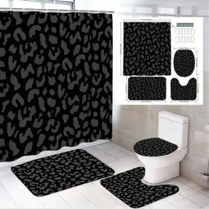 1/4pcs Leopard Print Bathroom Set 4 Pieces - Black Gray Shower Curtain, Rectangular Bath Mats, Toilet Seat Cover with Pattern, Perfect for Spring/Summer Home Decor Gift, Bathroom Decoration Accessories, Shower Curtain Sets
