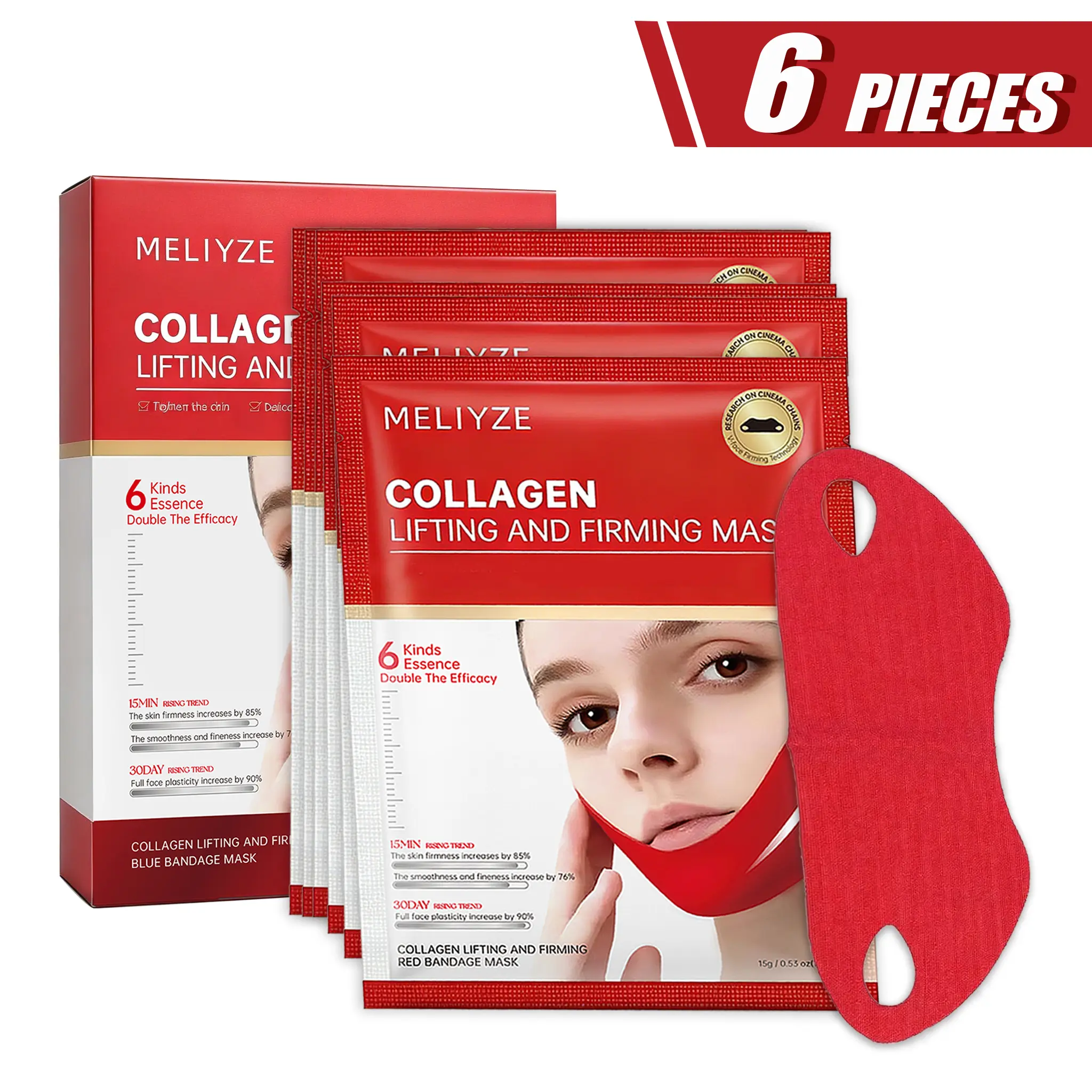 Collagen Lifting and Firming Face Mask-Red Bandage V Face Mask, Jawline Sculpting Mask, Skin Tightening Facial Mask to Improve Sagging Skin & Reduce Double Chin