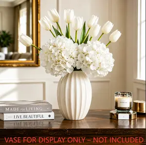 White Artificial Tulip and Hydrangea Bouquet - Fake Decorative Flowers for Home Decor, Vase Not Included