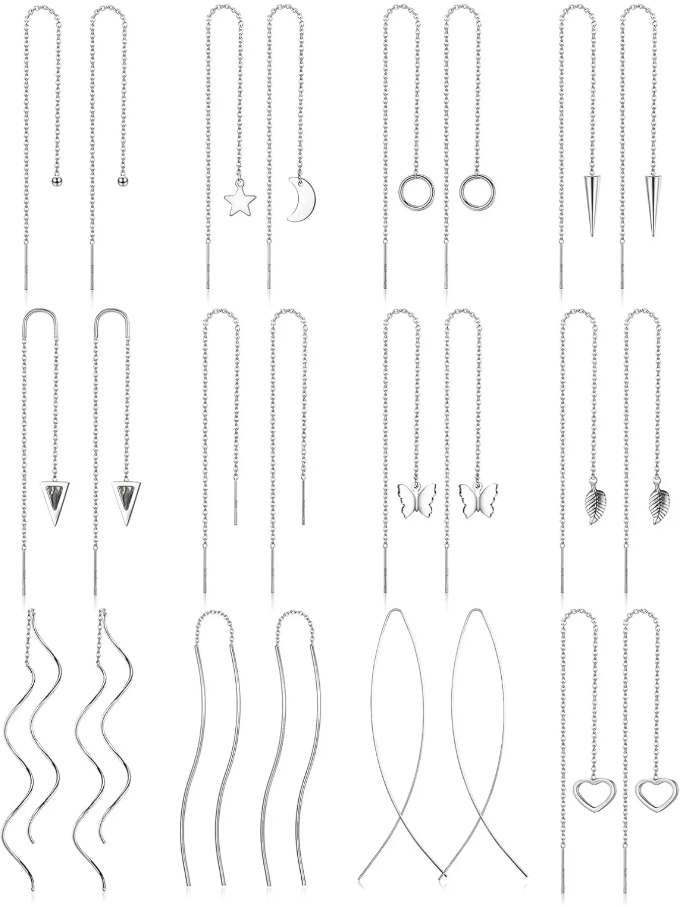 12Pairs Stainless Steel Threader Earrings for Women Chain Tassel Earrings Double Twist Wave Dangle Drop Chain Earrings Set Surgical Steel Earrings