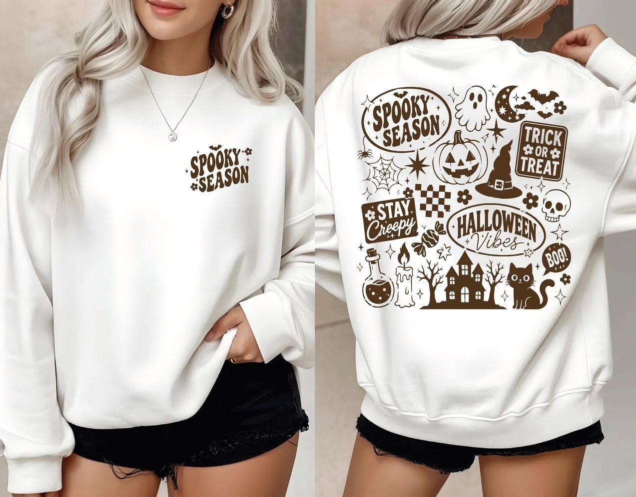 Spooky Season Retro Halloween Sweatshirt, Front And Back Halloween Graphic Crewneck, Vintage Spooky Ghost Fall Apparel, Cute Oversized Halloween Graphic Shirt, Spooky Season Outfit for Women & Men, Cozy Autumn Holiday Party Gift