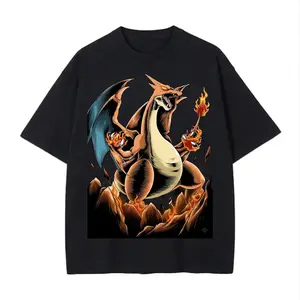 Mega Charizard Y Vintage Anime Tee | Fire Dragon Monster Graphic T-Shirt | Retro Gamer Streetwear Shirt | Unisex Oversized Cotton Tee | Pocket Monster Fan Gift