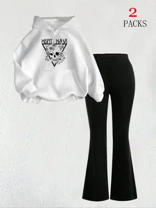Women's Warm Knit Loose Sweatshirt Set + Slim Fit Flare Pants, Halloween Skull Floral Print, Casual Fashion, Fall & Winter Wear