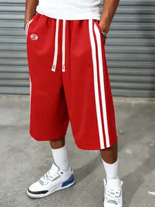 Men's Red Striped Drawstring Wide-Leg Athletic Shorts, Casual Athletic Shorts, Active Shorts, Sport Shorts, Activewear Shorts, Streetwear Sports Shorts, Suitable for Summer and Street Style, Casual Athleisure Shorts