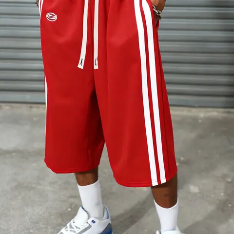 Men's Red Striped Drawstring Wide-Leg Athletic Shorts, Loose Sporty Shorts, Casual Athletic Shorts, Active Shorts, Sport Shorts, Activewear Shorts, Streetwear Sports Shorts, Suitable for Summer and Street Style, Casual Athleisure Shorts