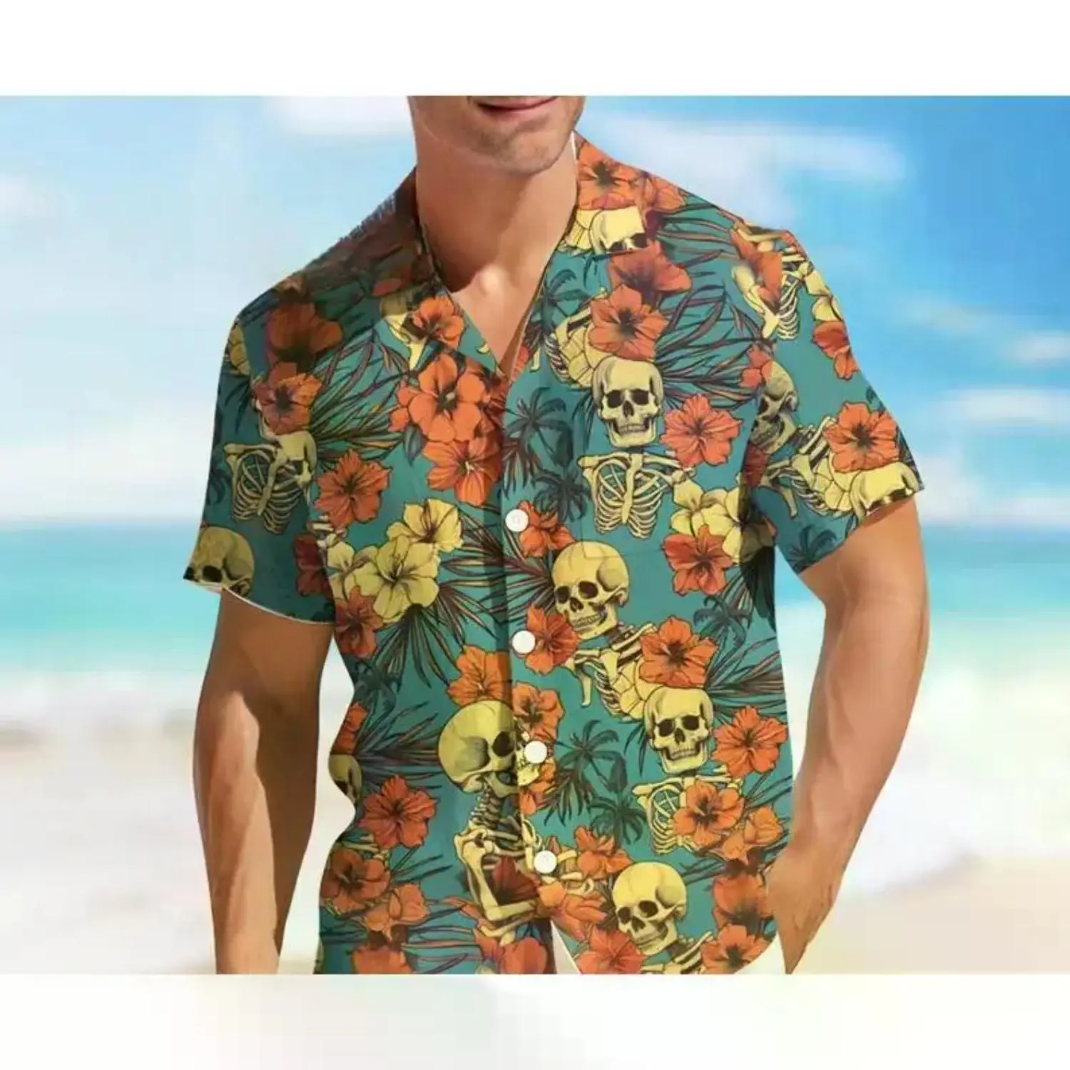 Vintage Tropical Hibiscus Skull Hawaiian Shirt - Teal Camp Collar Short Sleeve Unisex Aloha Top for Beach Party #TikTokMadeMeBuyIt #SkeletonHawaiianShirt #TropicalAlohaSkull #BeachPartyFashion