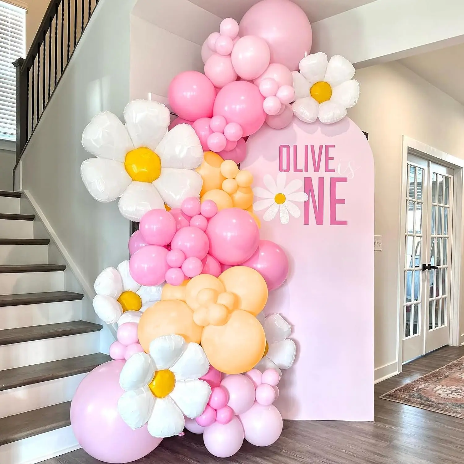 131pcs Boho Balloon Arch Kit Pink Nude Daisy Groovy 70s Birthday Baby in Bloom Party Decor