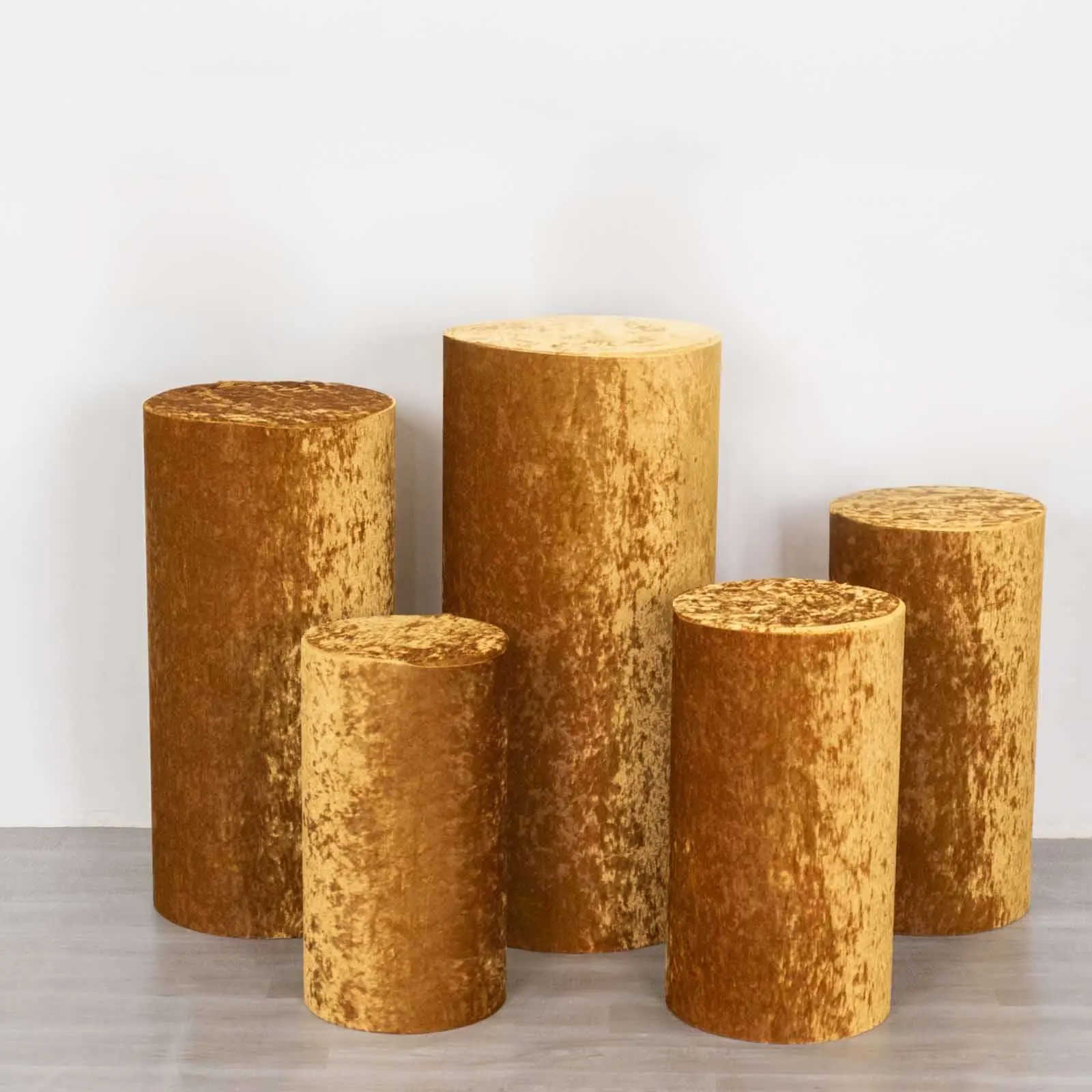 5-Piece Gold Crushed Velvet Cylinder Pillar Covers - Premium Decorative Covers for Pedestal Stands, Party Decor, Birthday Events, Shopping Mall Displays