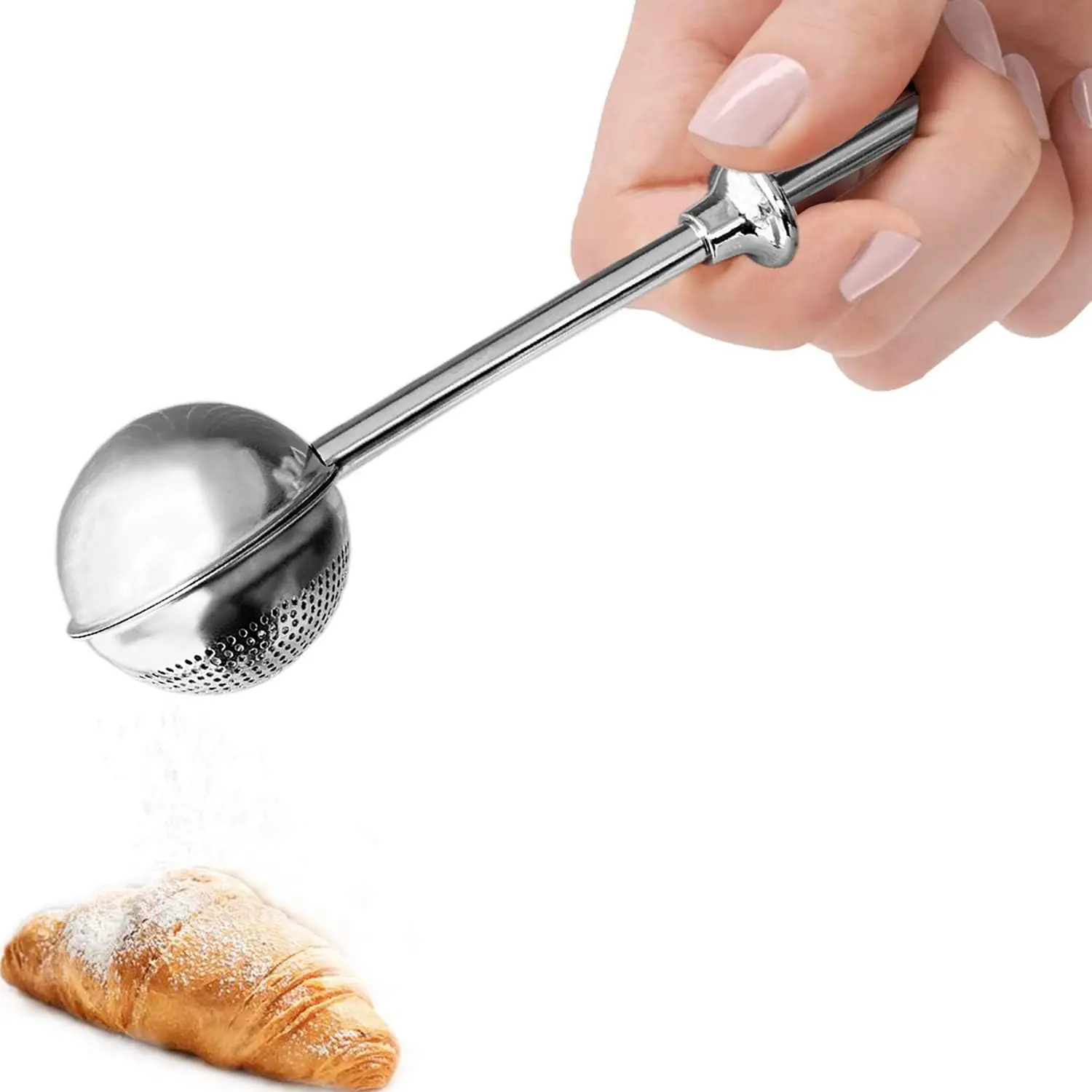 Baking Essential: Long-Handle Stainless Steel Flour Duster Sifter with Mesh Screen, Spring-Handle Powdered Sugar Shaker for Cake Decorating, Cocoa & Cinnamon Dusting