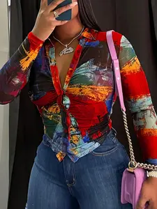 Women's All Over Print Ruched Button Front Shirt, Casual Long Sleeve Collared Top for Fall & Winter, Ladies Clothes for Daily Wear, Womenswear, Long Sleeve Shirts