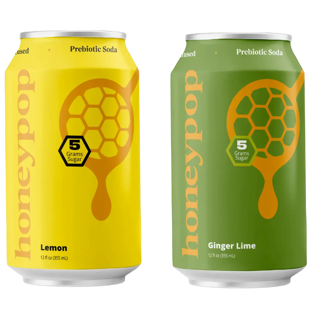 Honeypop by Green Bee: Prebiotic Soda, Real Honey Sparkling Drink, 3g Prebiotic Fiber, 5g Sugar, 35 to 40 Calories, No Artificial Sweeteners, Lemon & Ginger Lime Variety Pack, 12 fl oz Cans, 4 Count