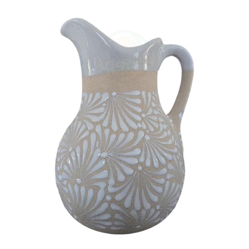 Clay Jug With 6 Cups Jarra De Engobe Con 6 Vasos Featuring Unique Floral Design and Ceramic Craftsmanship  Drinkware Handmade Mexican