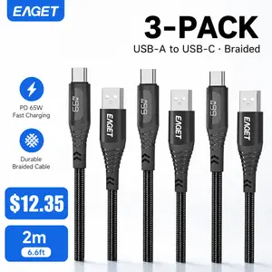 EAGET 3-Pack 66W Type-C data Cables 2M, Nylon Braided Fast Charging Cords with Digital Display, 6A High Speed Charger usb-c Cable Bulk Pack for iPhone 15/16 Samsung Android, Multi-Pack for Home Office Car couple gift mobile device