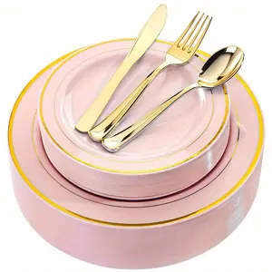 New 150PCS Pink Plastic Plates With Gold Rim - Pink Plates with Gold Plastic Silverware -Pink Disposable Plates for Party Bridal Shower wedding