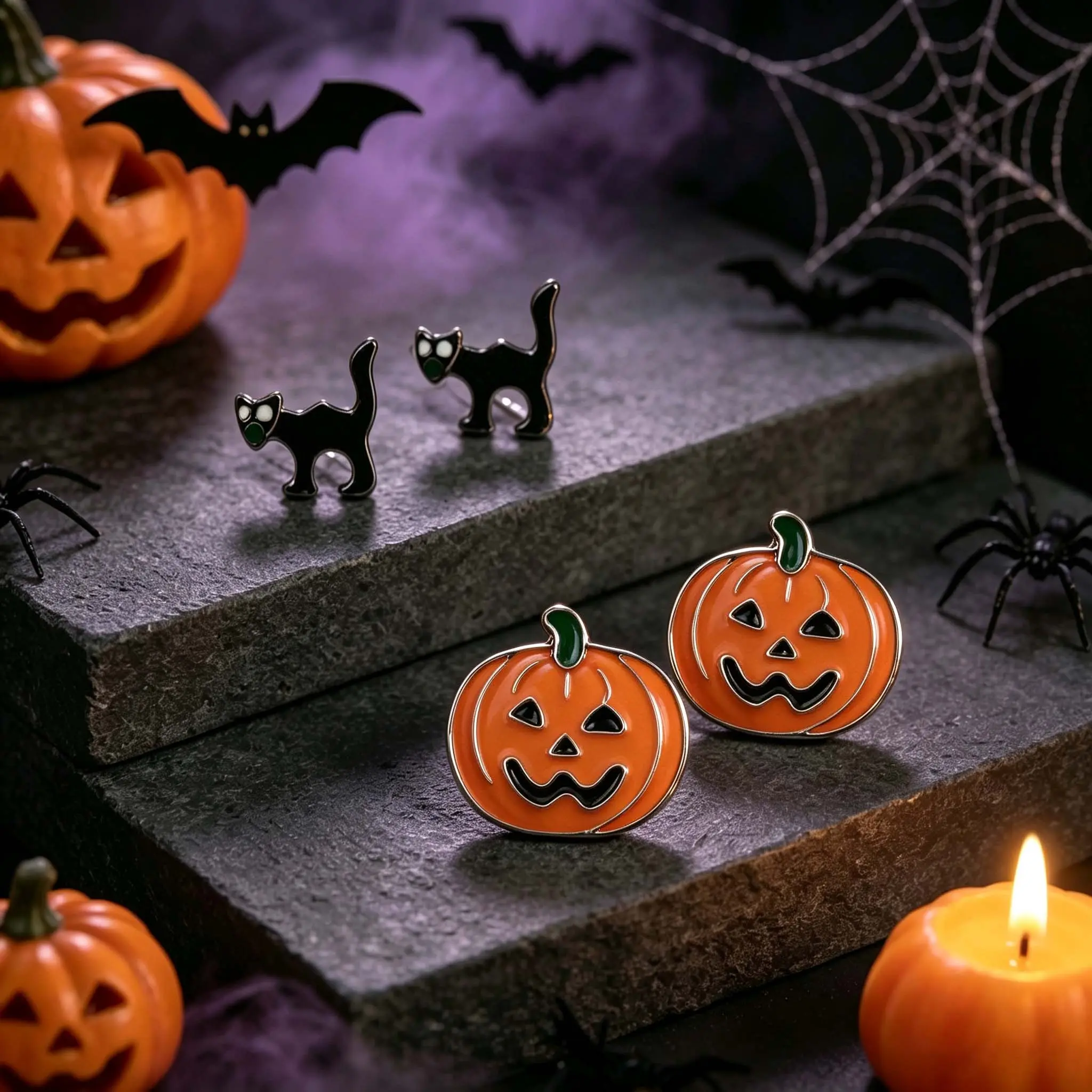 GGIRL Alloy Metal Ear Jewelry, 2-Piece Unique Design Earrings with Pumpkin & Black Cat Themes, Cute Halloween Stuff for Party Wear & Gifting