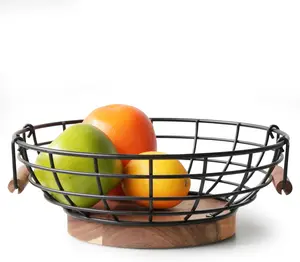 Fruit Basket,black Wire Basket with Acacia Wood Base,large Fruit Bowl for Countertop,black Baskets for Fruits, Breads, Vegetables Storage.(10-inch)