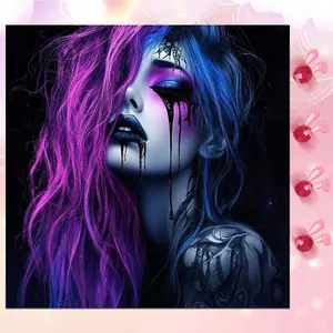 5D DIY Full Drill Round Diamond Painting - Diamond Art Kit Purple Blue Long Hair Mosaic, Canvas - DIY Decorative Painting, Home Wall Decor, Suitable for Halloween and Christmas, Birthday and Anniversary Gifts