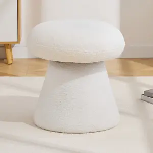 littleox White Mushroom Shaped Teddy Fabric Ottoman Stool, Soft Padded Footrest, No Install Needed Multi-Purpose Shoe Changing & Makeup Stool for Living Room Bedroom Entry Vanity Room