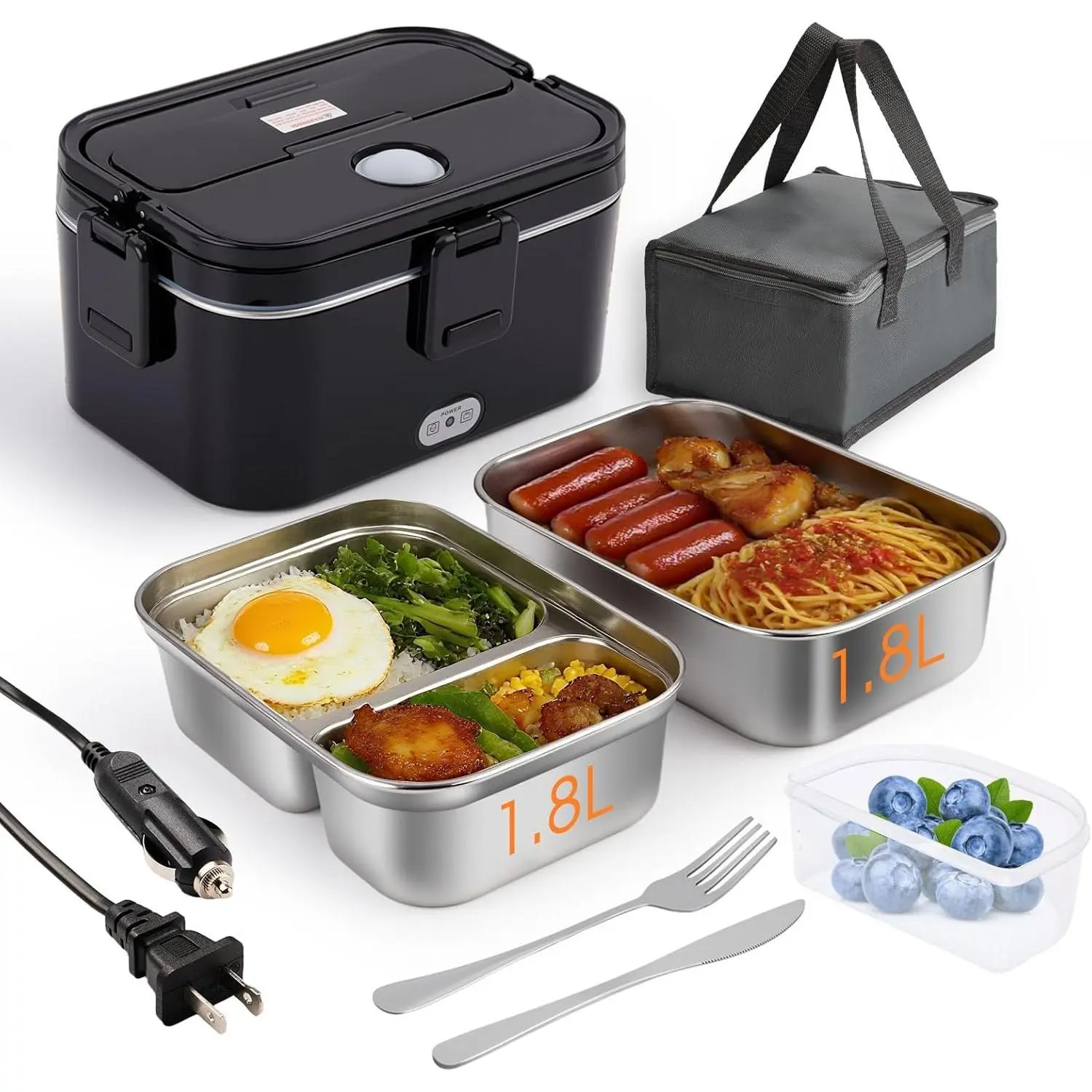 1.8L Portable Insulated Steel Electric Lunch Box for Adults, 100W Leakproof Heated Lunch Box with Removable Dual Containers, Lid, 12V/24V/110V for Office Use