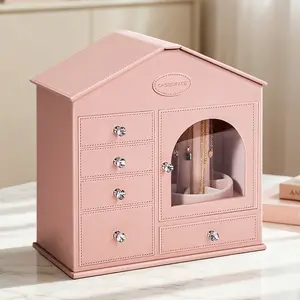 6-Tier House-Shaped Jewelry Box with 360° Rotating Necklace Holder - Pink PU Leather Organizer with Crystal Knobs, Velvet Lining & Attic Storage for Rings, Watches & Bracelets