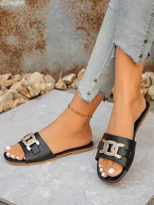 Women's Elegant Rhinestone Buckle Casual Slide Sandals, Buckle Decorated Slides, Soft Non-Slip Rubber Sole, PU Leather Upper for Summer Outings, Open Toe Flat Slides
