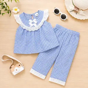 Toddler Girl Blue Plaid Two Piece Outfit Lace Trim Blouse + Straight Pants Set