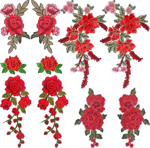 10pcs(5 Pairs) Red Flower Embroidered Sew On Patches Floral Roseflower Embroidery Garment Appliques Embellishments for DIY Jeans Jackets Clothes Sewing Crafts, 5 Styles