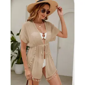 Women's Lightweight Semi-Sheer Beach Cover-Up with Fringe Tassel Details - Open Collar Front-Tie Summer Kaftan, Machine Washable Boho Chic Swimsuit Cover Up for Poolside & Vacation Wear, Front Tie Design, Soft Flowy Fabric