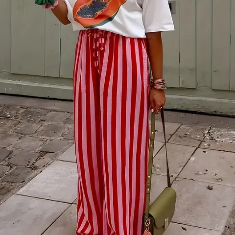 Women's Fashion New Drawstring Loose Wide Leg Long Pants, Casual Striped Mid Waist Fitted Trousers, Ankle Length Unlined Pajama