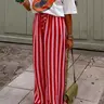 【Black Friday】Women's Fashion New Drawstring Loose Wide Leg Long Pants, Casual Striped Mid Waist Fitted Trousers, Ankle Length Unlined Pajama