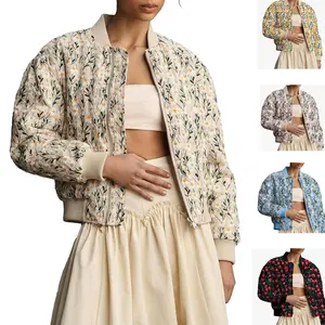 SCUSTY Women's Embroidered Daisy Cropped Bomber Long Sleeve Jacket Quilted Puffer Jackets Coat Outerwear