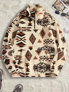 Men's Vintage Aztec Print Fleece Pullover - Warm Quarter Zip Sherpa Sweatshirt with Kangaroo Pocket - Oversized Western Streetwear Jacket for Winter Outdoor, Camping, and Daily Style