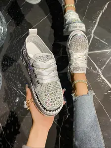 New Full Diamond Water Drill Single Shoe for Women, Satin Strap Thick Sole Loafers, Casual Textile Upper, Rubber Sole, All Seasons