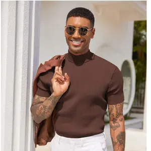 COOFANDY Lightweight Men's Mock Turtleneck Sweater Short Sleeve Casual Basic Tops Ribbed Knit Pullover Solid Tee（100%Polyester）