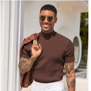 COOFANDY Lightweight Men's Mock Turtleneck Sweater Short Sleeve Casual Basic Tops Ribbed Knit Pullover Solid Tee（100%Polyester）