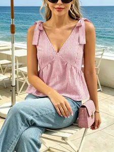 Spring Summer Casual Plaid Sleeveless Blouse, V Neck Backless Tie Shoulder Bow, Comfortable Fitted Short Top, Street Style Fashion