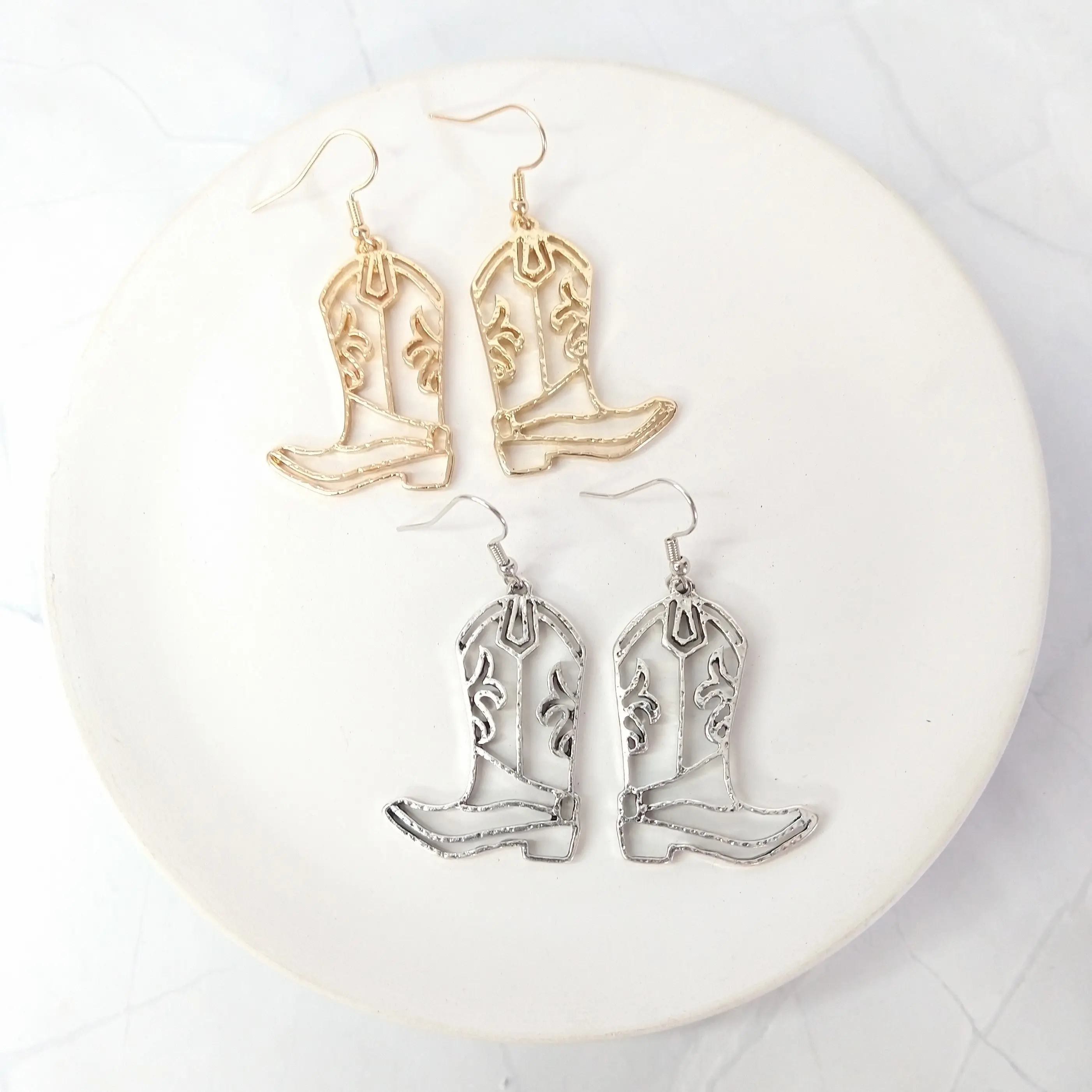 #212 Textured Hollow Cowboy Boots Earrings, Casual, Western, Zinc Alloy