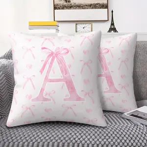 🎀 Pink Bow & Monogram Print Throw Pillow, Soft Plush Cushion, Coquette Aesthetic Accent Pillow for Couch, Sofa, Bed & Dorm Decor, Ideal Gift for Girls & Women